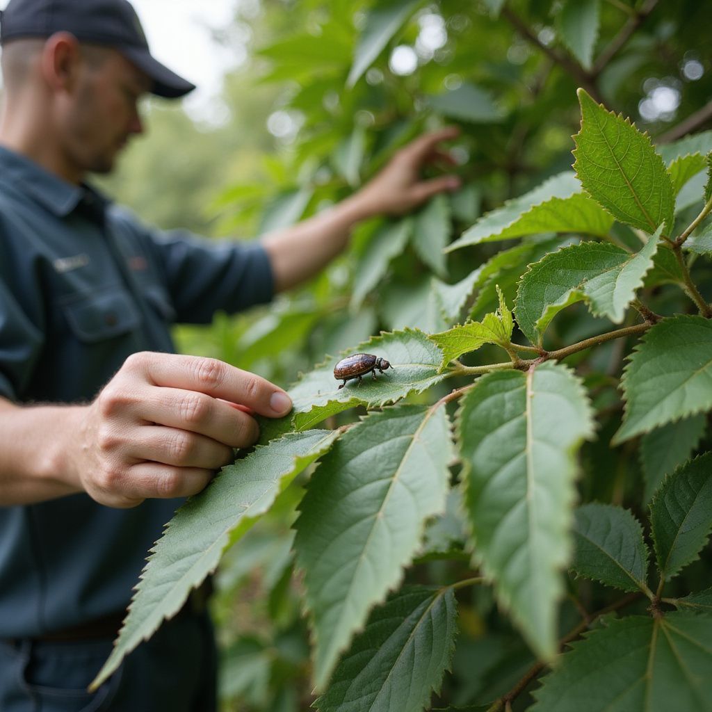 Man examining a beetle on a green leaf. He's wearing a cap and uniform, with a leafy background.