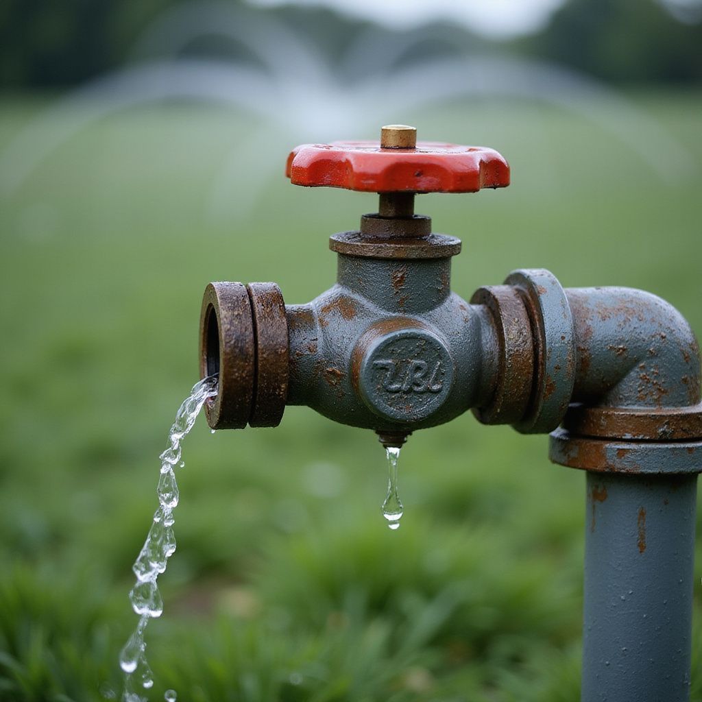 Rusty water valve with red handle, water flowing onto green grass. Sprinklers in background.