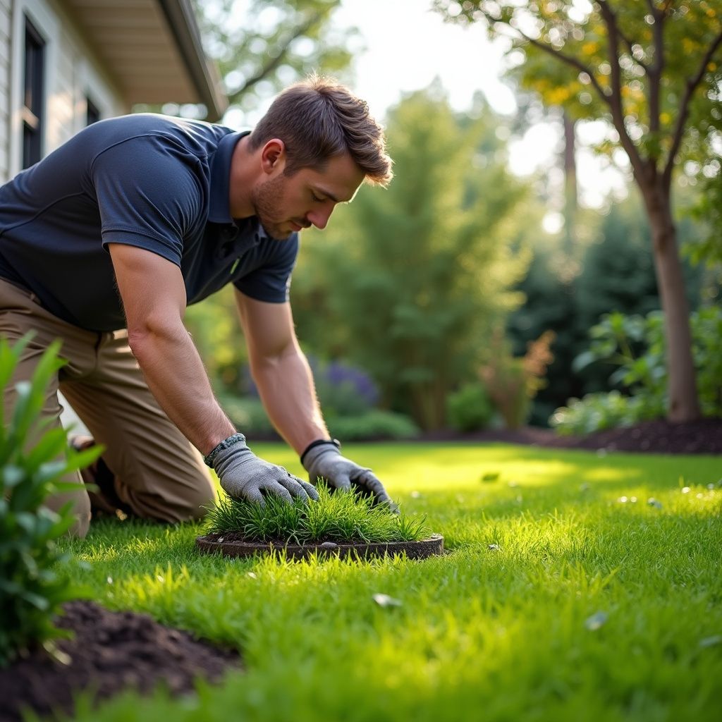 Man kneeling, tending small patch of grass in sunny backyard.