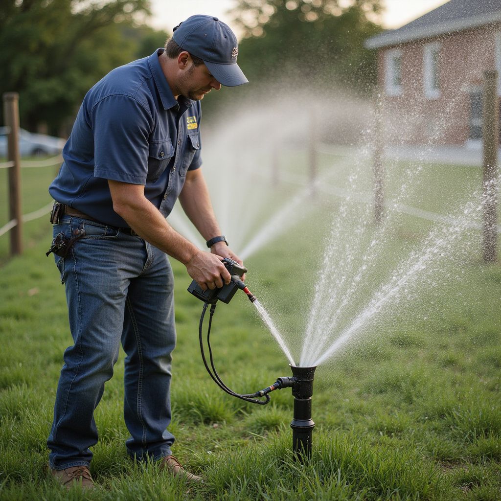 Man in blue shirt and cap adjusting a sprinkler system, water spraying on grass.