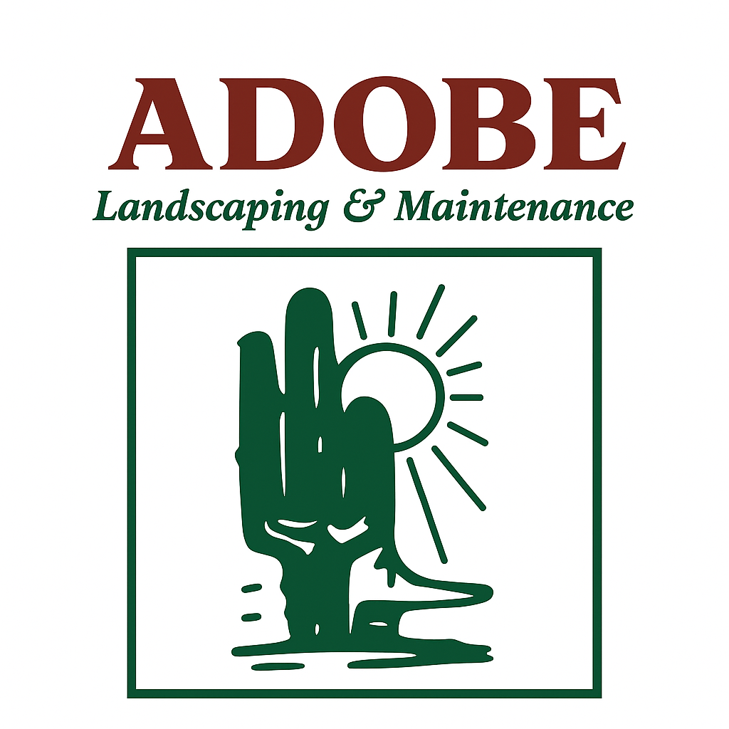 Logo for Adobe Landscaping & Maintenance, featuring a green saguaro cactus, sun, and text in a square frame.