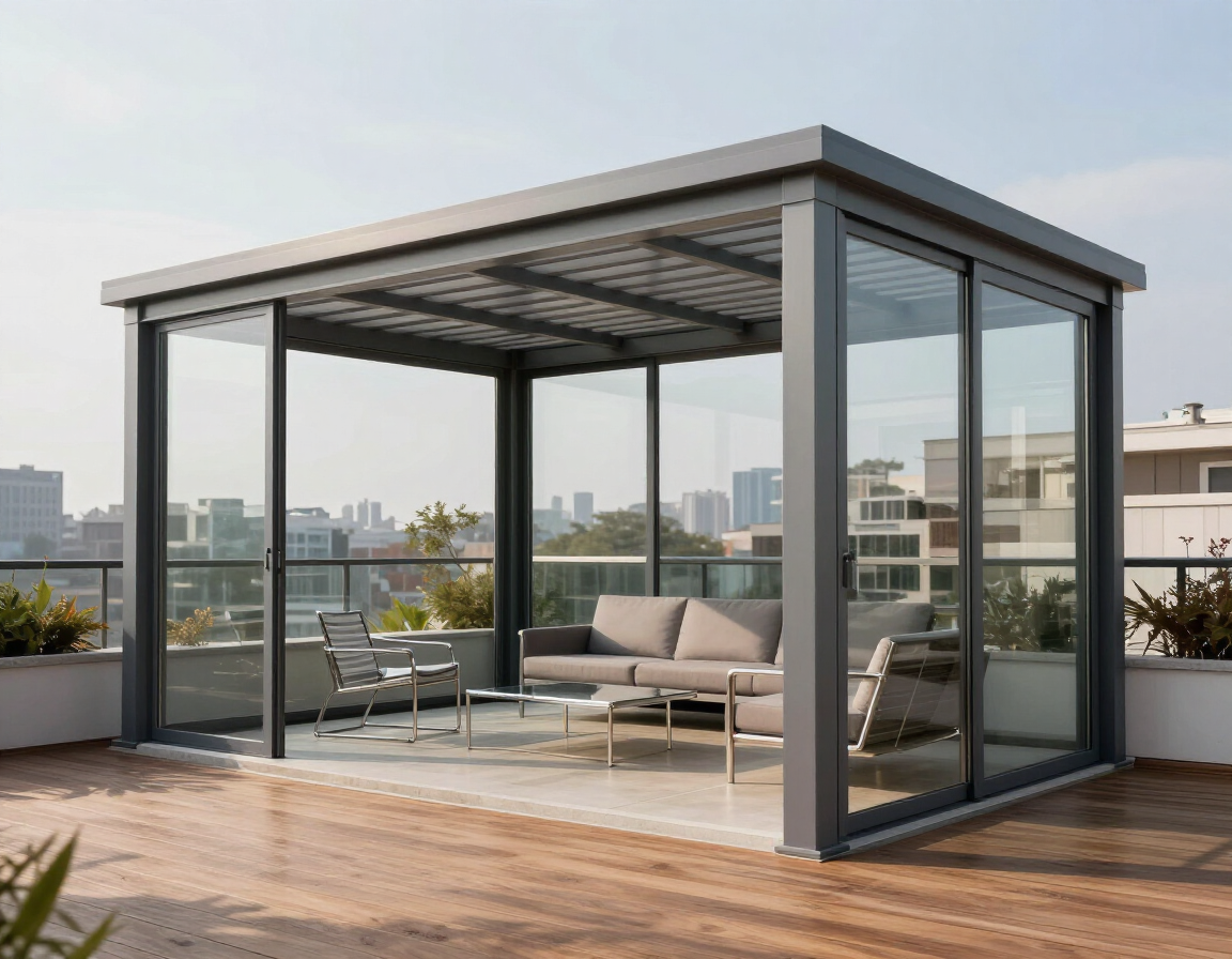 Una moderna struttura da patio con telaio in vetro grigio, situata su una terrazza sul tetto e arredata con mobili da esterno.