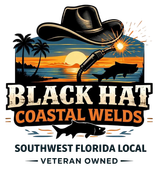 Black Hat Coastal Welds logo with cowboy hat, welding spark, sunset, shark, and southwest Florida local veteran owned text