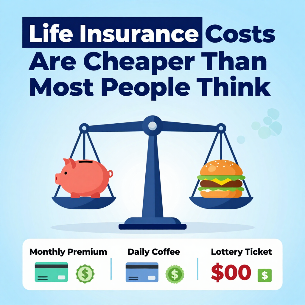 Life insurance monthly cost chart with sample rates, The Insurance Center logo, and phone number