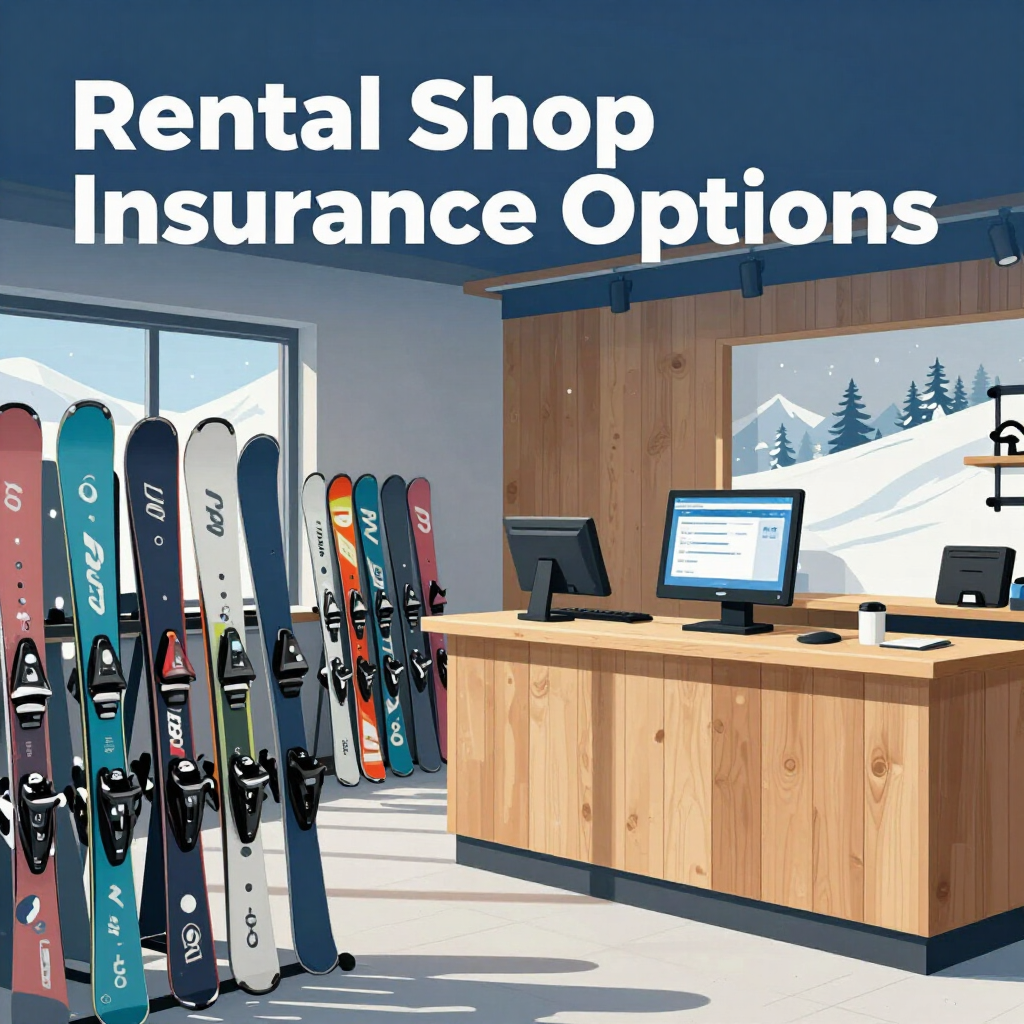 Ski and snowboard rental shop insurance cost header graphic with The Insurance Center logo and phone