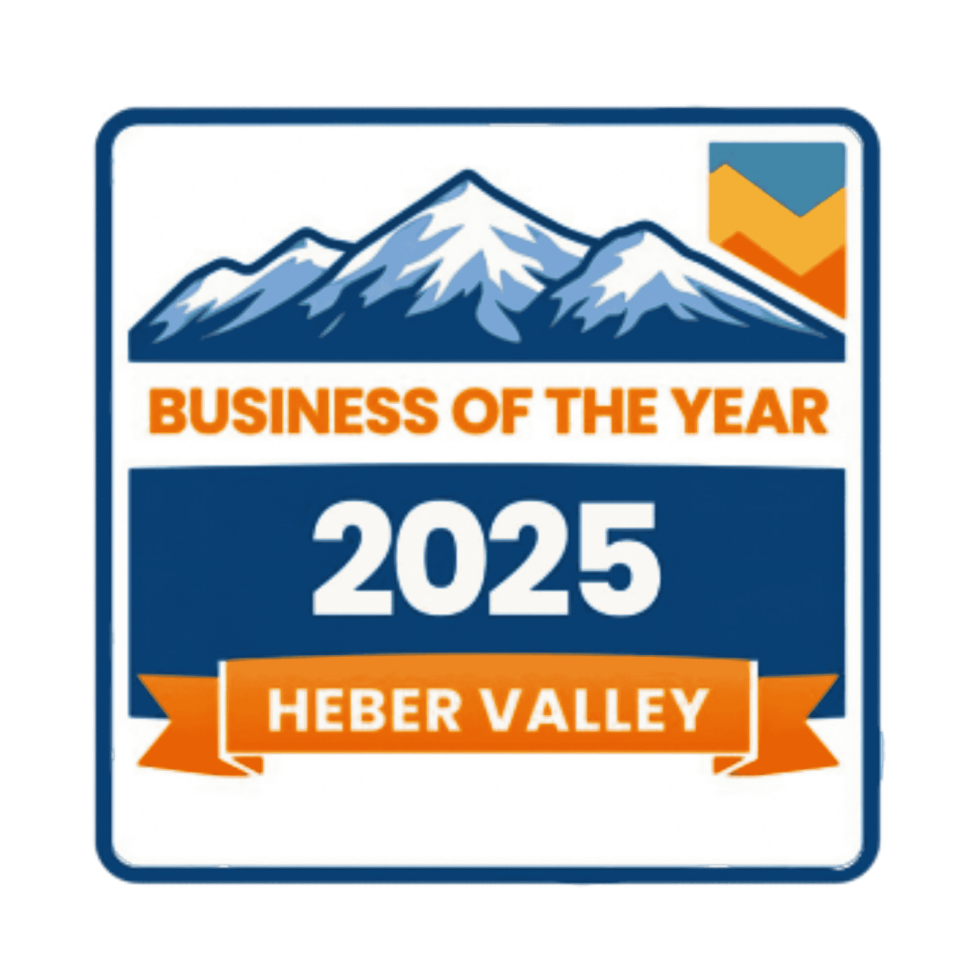 A blue and orange logo featuring mountain peaks with the text