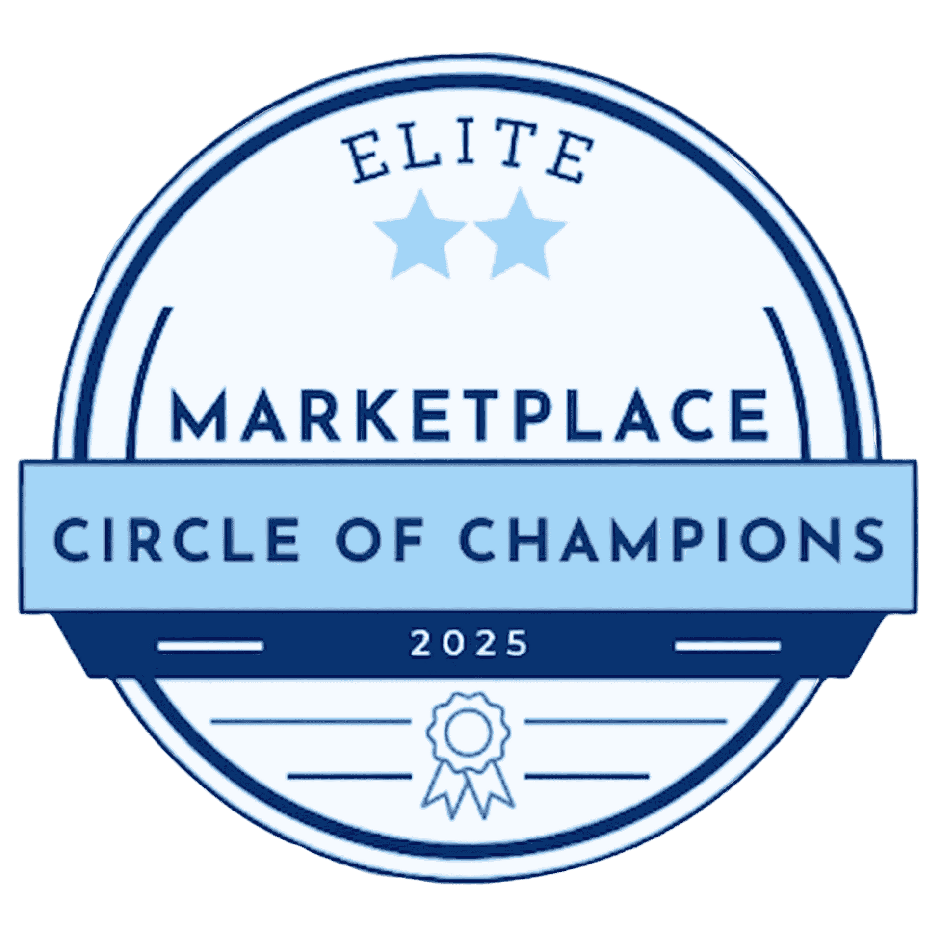 Blue and white circular 2024 Elite Marketplace Circle of Champions emblem with two stars and a ribbon icon.