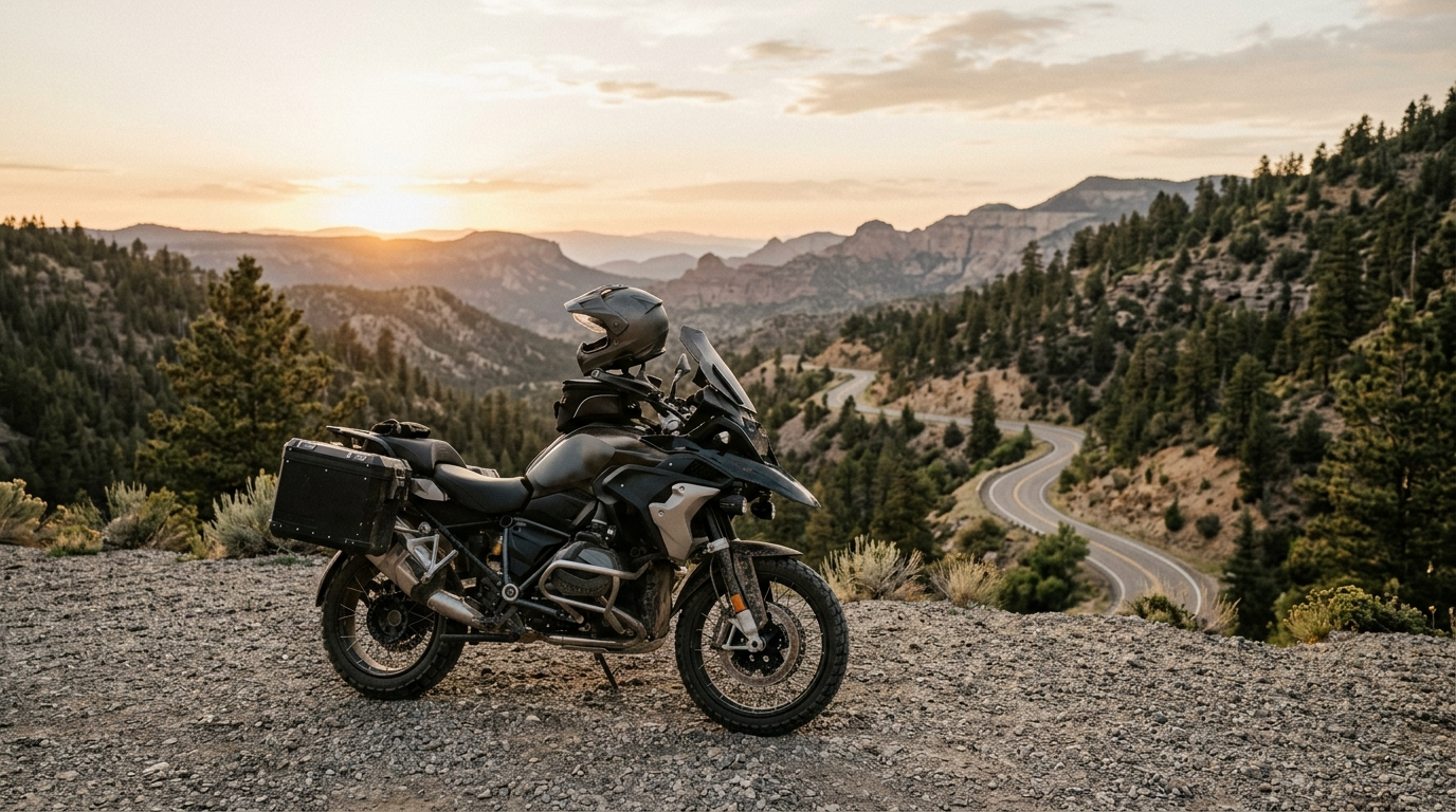 Adventure motorcycle parked on a gravel overlook at sunset, with mountains and a winding valley road beyond.