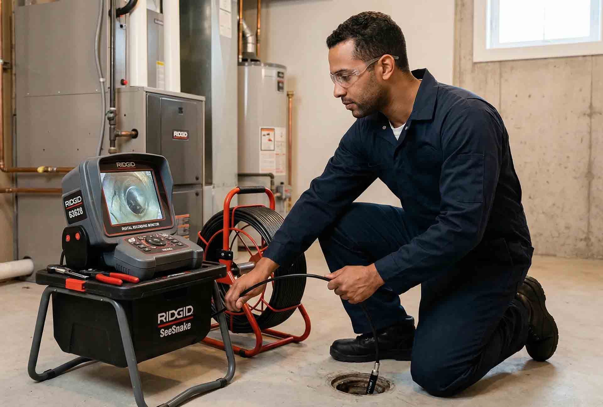 Un technicien utilise une caméra d'inspection de tuyauterie RIDGID pour examiner un siphon de sol dans une buanderie au sous-sol.
