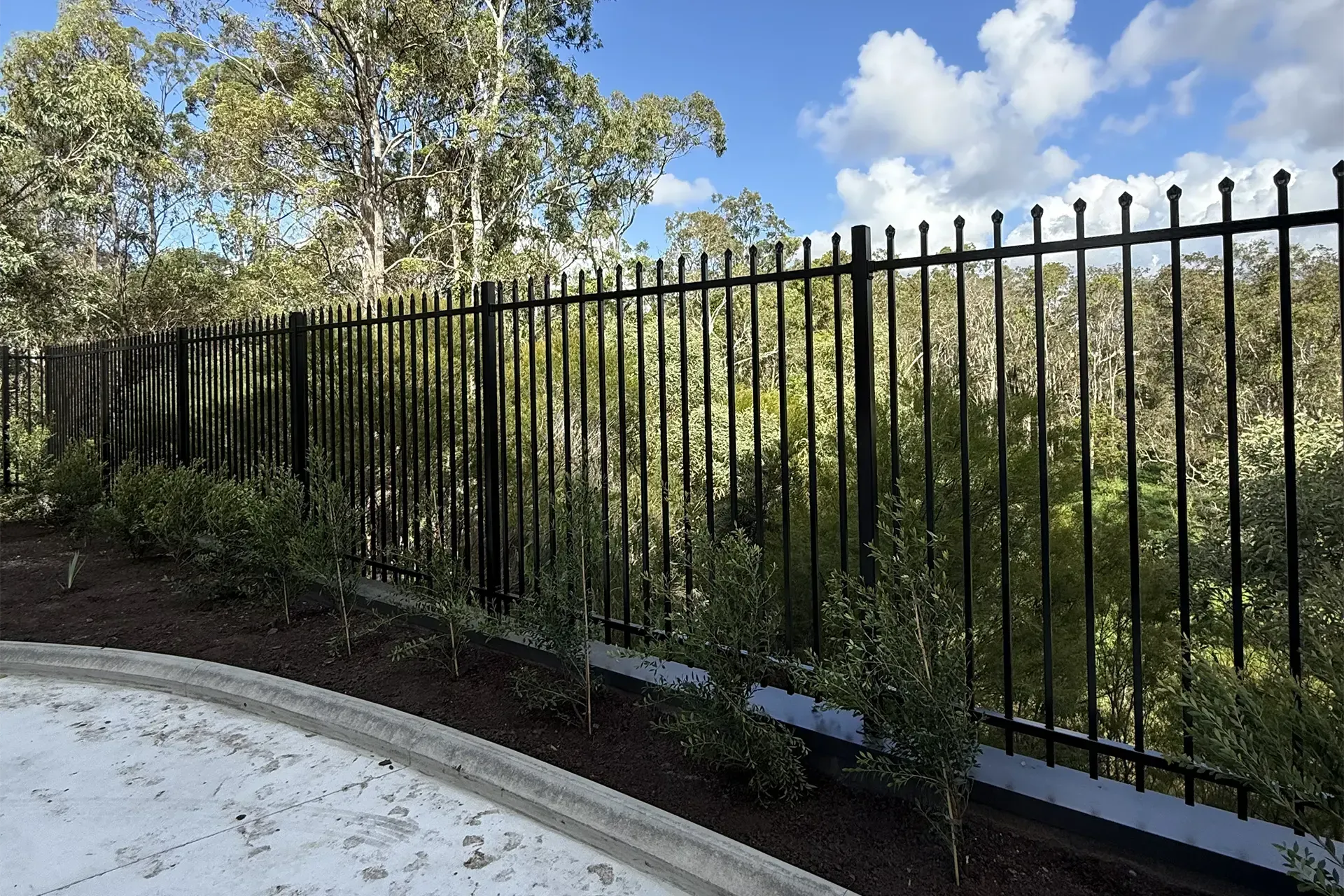 Black metal fence beside a curved sidewalk with trees and dense greenery beyond