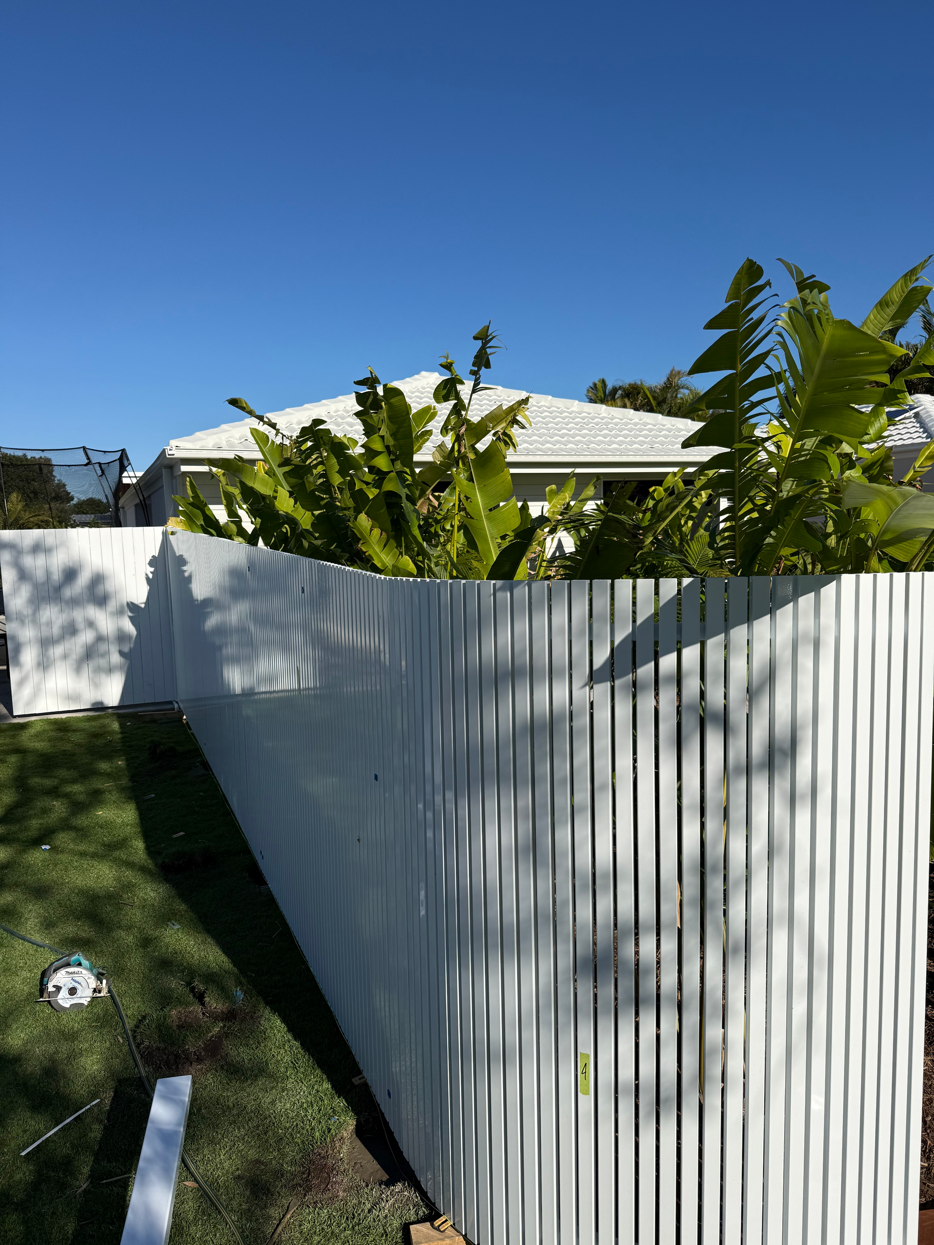 White corrugated fence in a sunny yard, with banana plants and a house roof behind it under a clear blue sky
