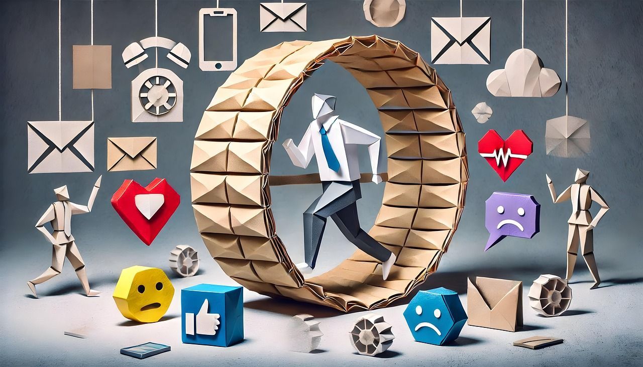 3D figures in a gear tunnel with floating app icons and social media symbols around them