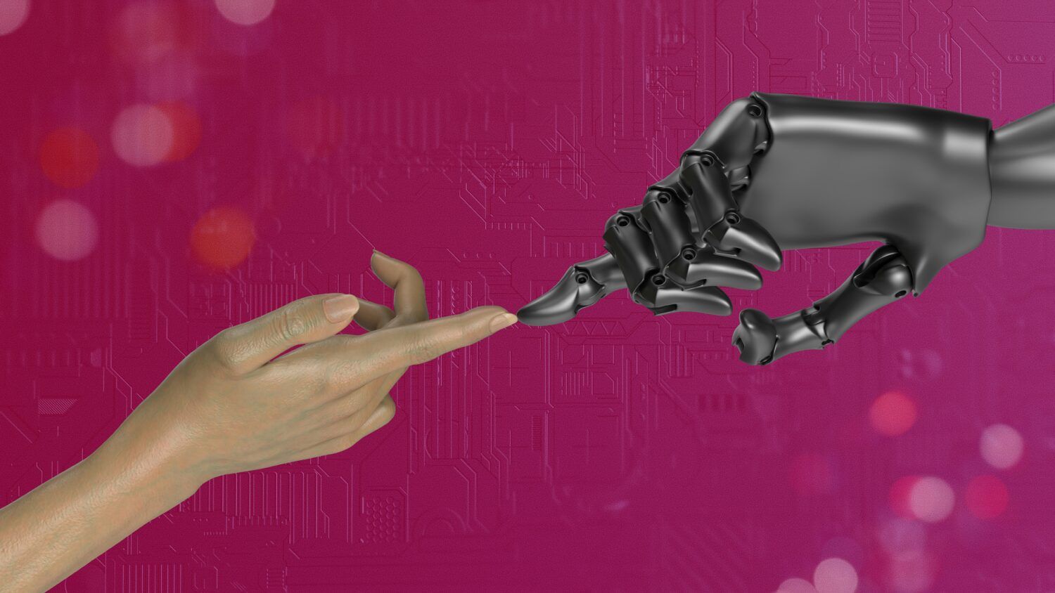 Human hand reaching toward a black robotic hand on a magenta background