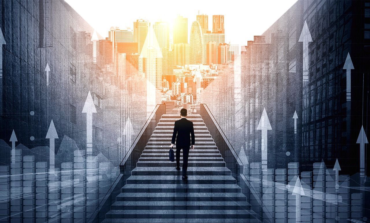 Person ascending stairs in a city with translucent upward arrows and warm sunrise light