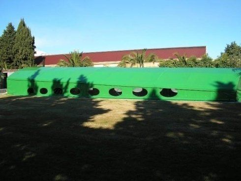 Struttura a tunnel verde con aperture ovali su un prato erboso; sullo sfondo si trovano un edificio e degli alberi.