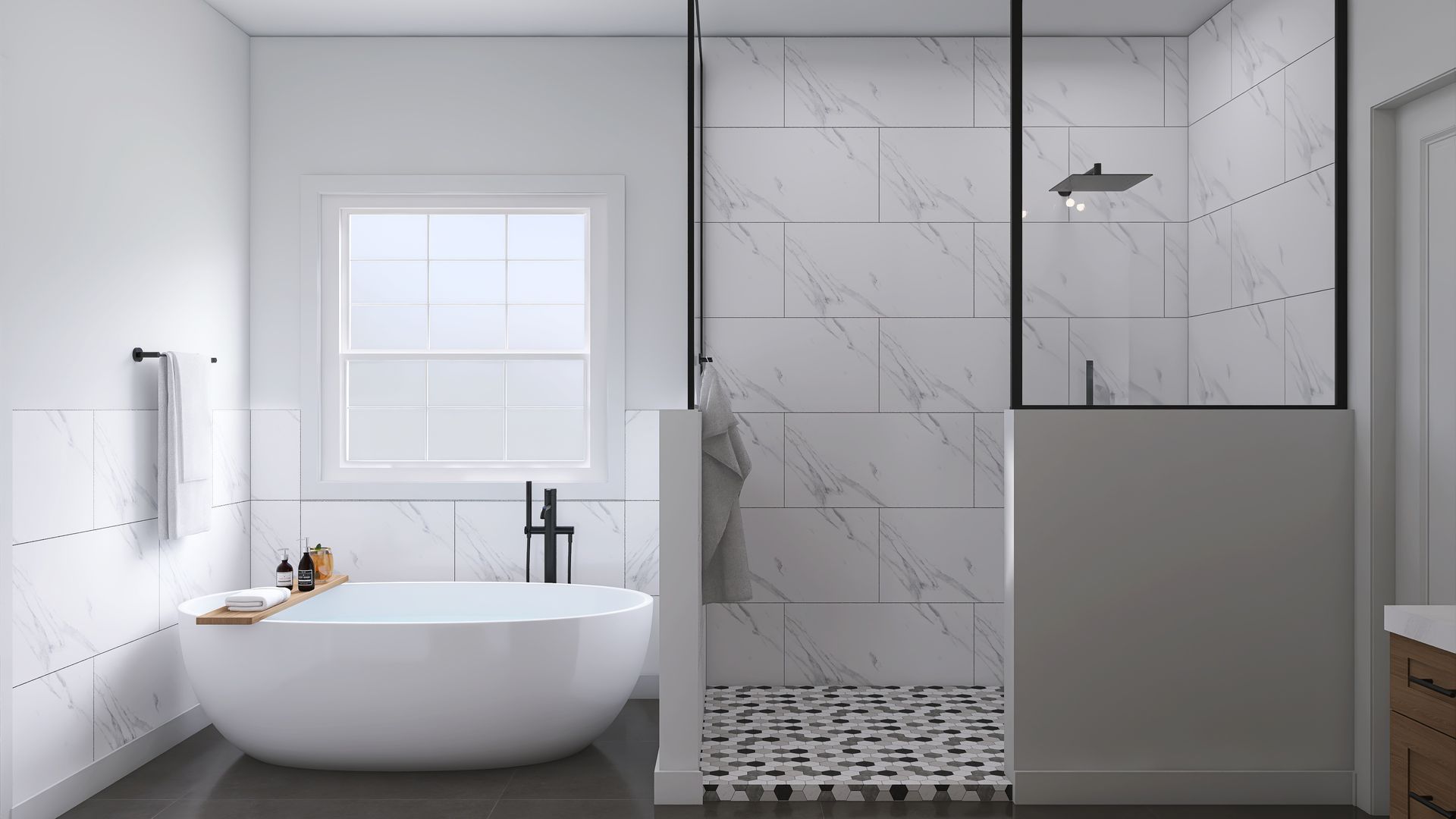 Modern bathroom with a white tub, shower, and marble tile walls.