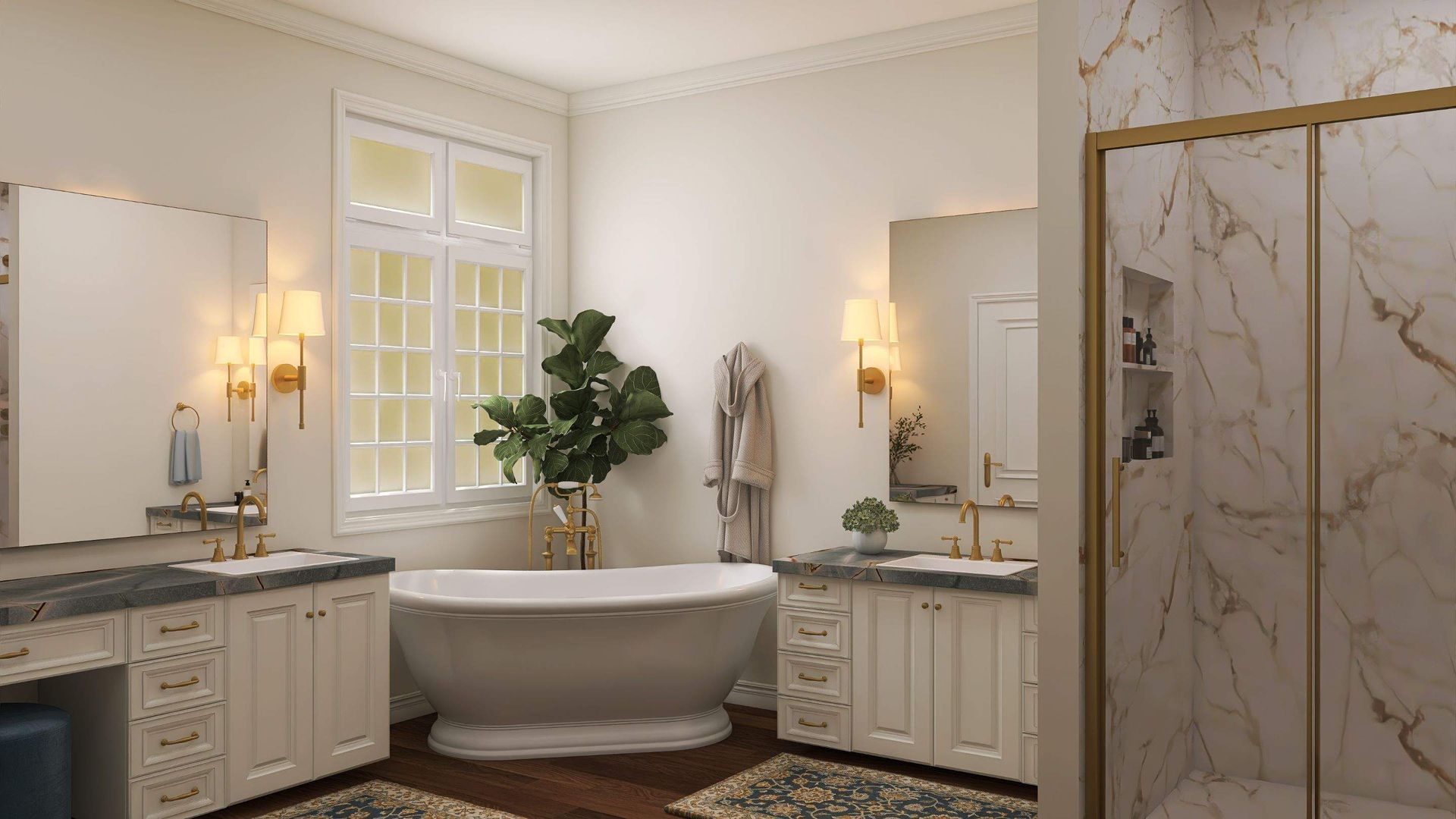 Elegant bathroom with a free-standing tub, marble shower, dual vanities, and a window with a leafy plant.