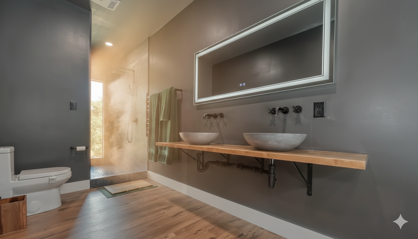 Modern bathroom with a double sink, large mirror, wooden shelf, gray walls, and glass shower.