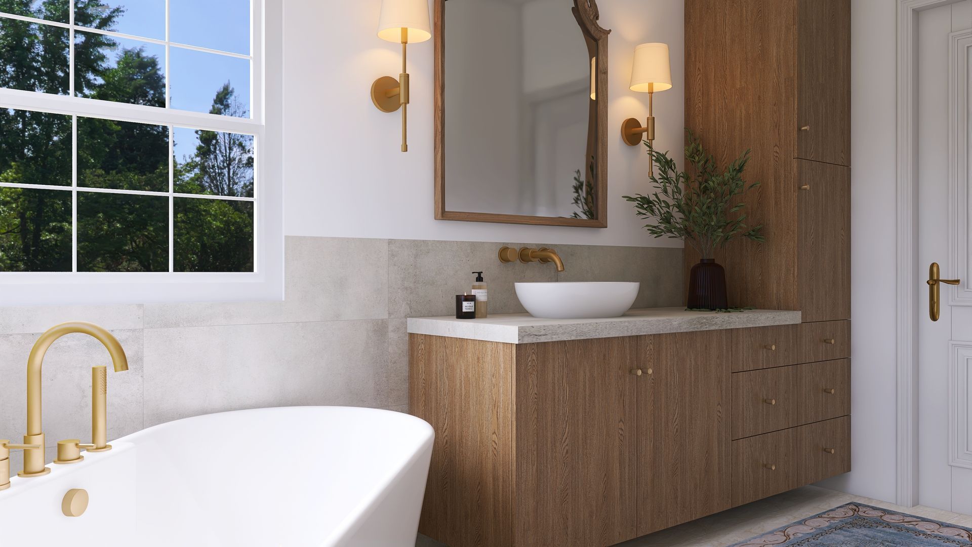 Bathroom with a white bathtub, wood vanity, gold fixtures, and a window.