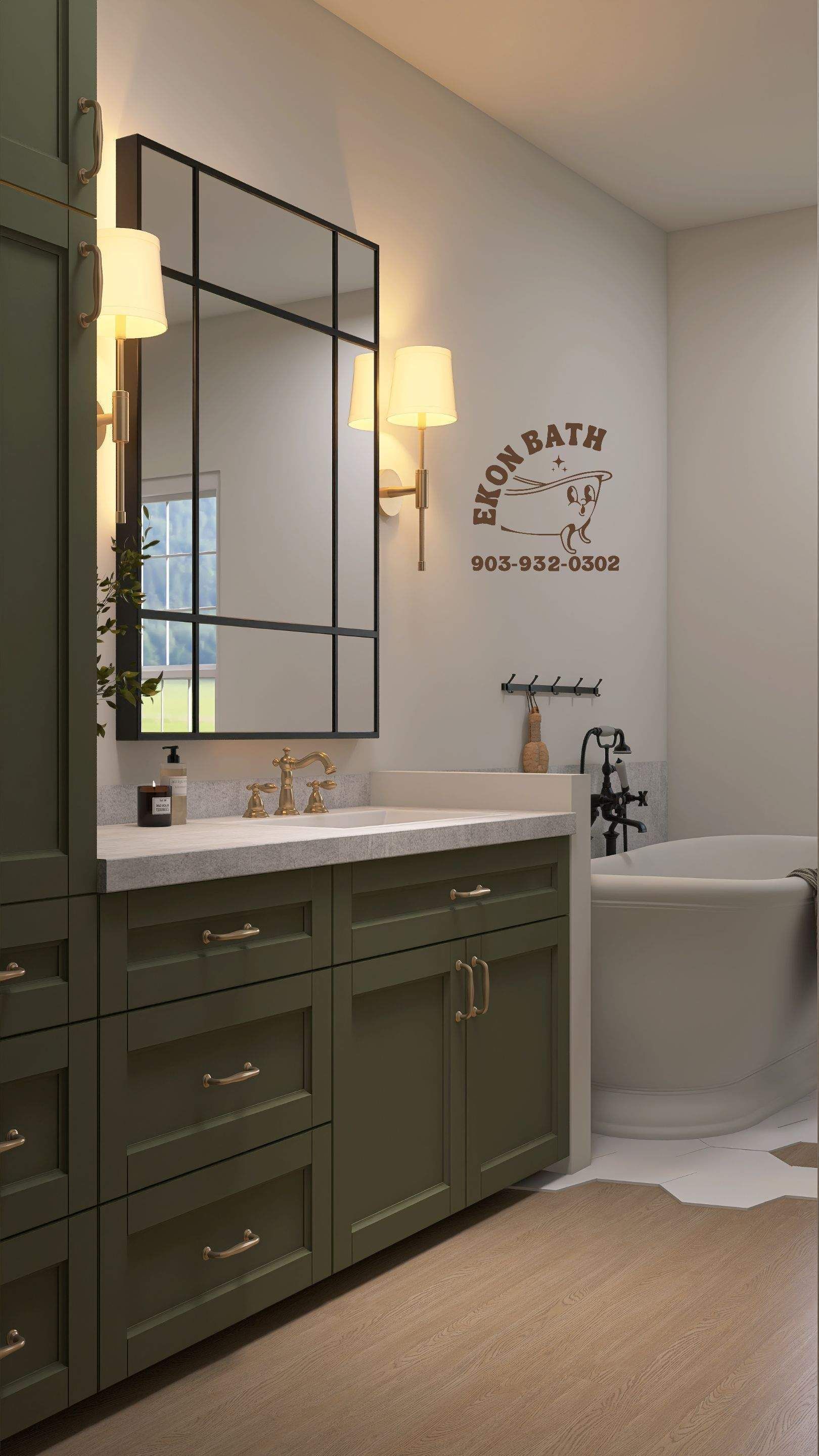 A bathroom with green cabinets , a tub , a mirror and a sink.
