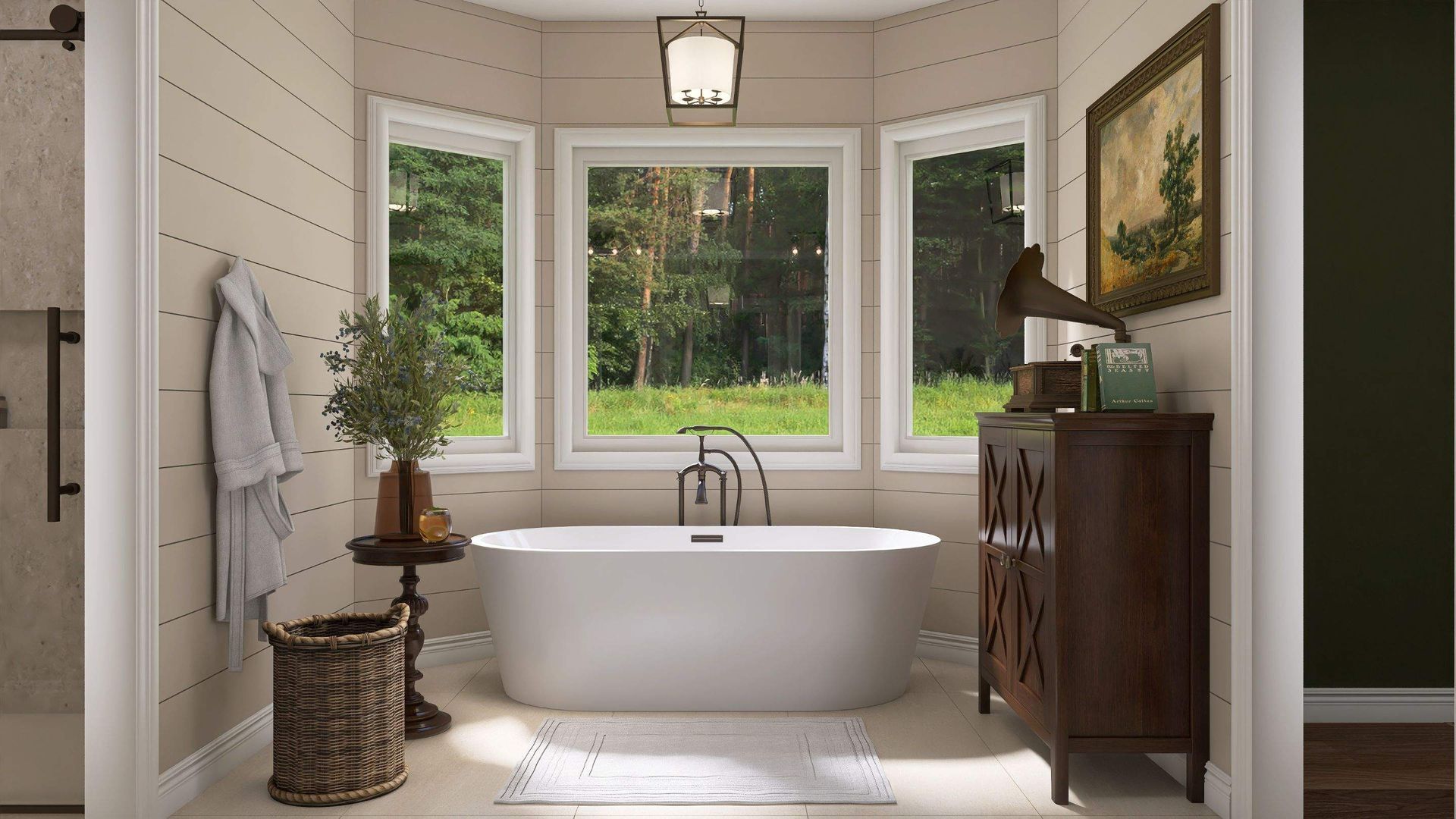 Bright bathroom with a freestanding tub, large windows, and rustic wood accents.