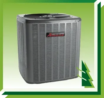 A grey Amana air conditioning unit stands against a green background with stylized pine tree icons.