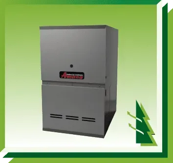 A gray Amana furnace unit centered on a light green background with a stylized green tree graphic in the corner.