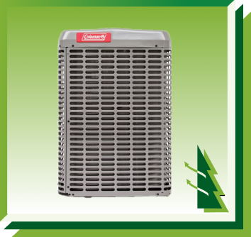 A gray Coleman outdoor HVAC unit centered on a green background with a stylized green tree icon to the right.