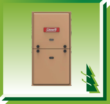 A tan Coleman furnace unit centered against a green background with a stylized green tree icon in the bottom right corner.