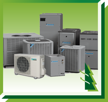 A collection of grey Daikin HVAC units arranged on a white background against a green backdrop.