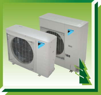 Two Daikin white outdoor air conditioning units side-by-side against a light green background.
