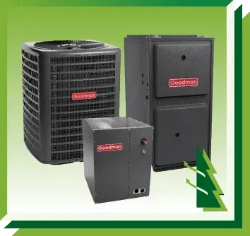 Three Goodman heating and air conditioning units displayed together against a light green background.