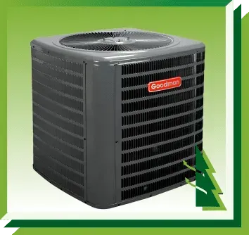 A gray Goodman air conditioner unit on a green background with a stylized green tree icon on the right.