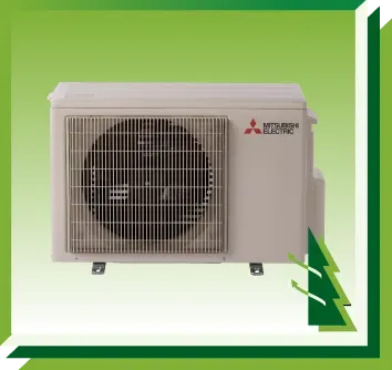 Mitsubishi Electric outdoor air conditioning unit set against a green background with stylized pine tree graphics.