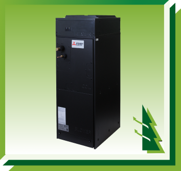 A black Mitsubishi air handler unit against a green background with a stylized tree icon in the corner.