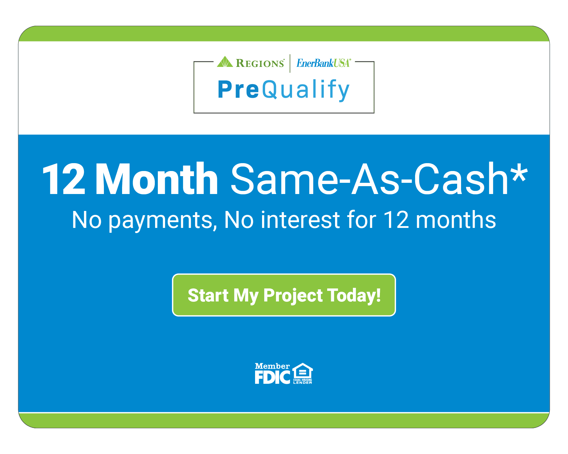 A blue promotional banner offering 12 months, same-as-cash financing with a