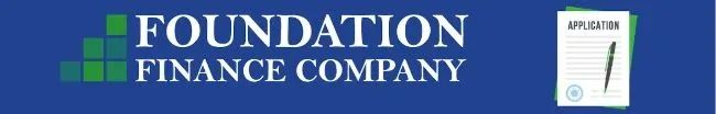 Logo for Foundation Finance Company featuring a green bar chart icon and a paper application icon on a blue background.