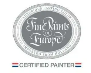 Fine Paints of Europe Certified Painter logo with red, white, and blue accents