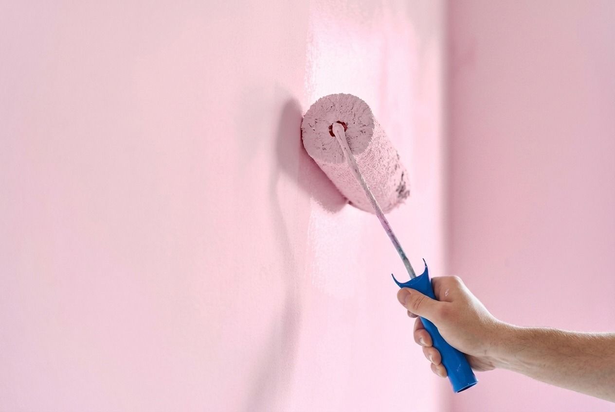Hand painting a pink wall with a roller on a blue handle
