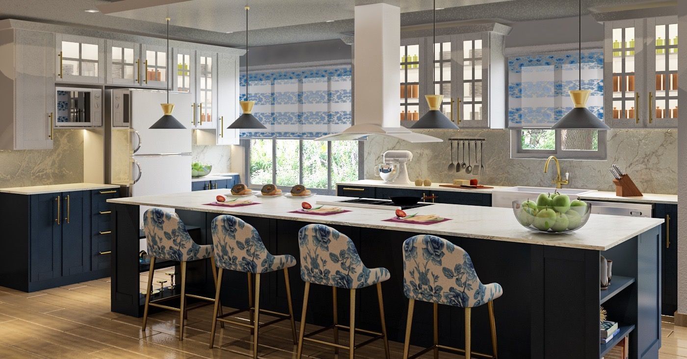 Modern kitchen with dark blue island, white countertops, floral patterned bar stools, and white cabinetry.