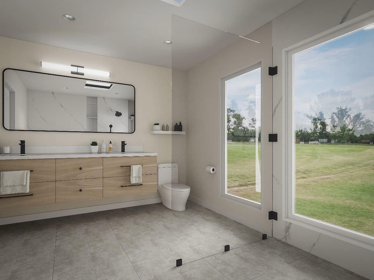 Modern bathroom with large windows overlooking a grassy field. Features a wood vanity, marble accents, and a glass shower.