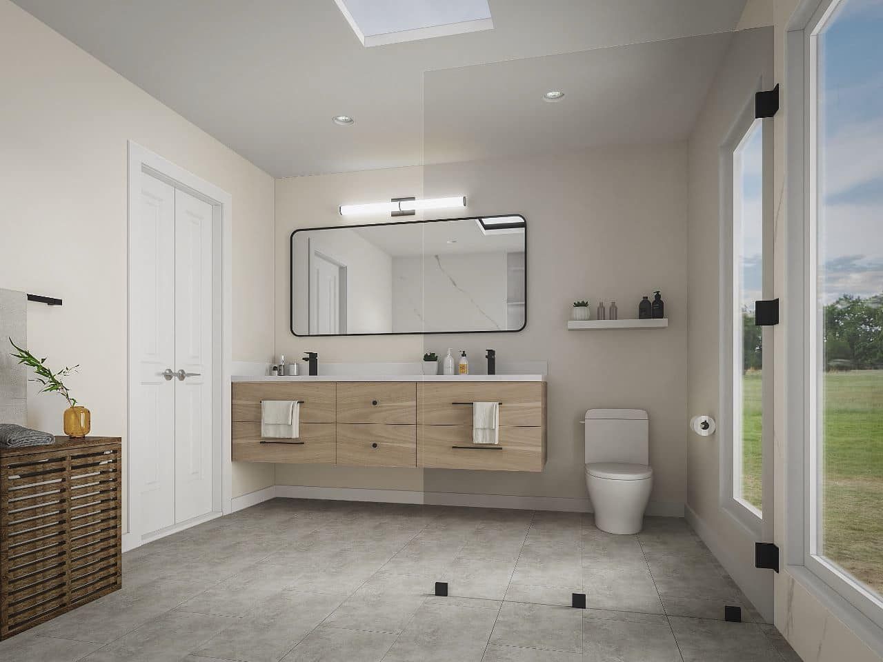 Modern bathroom with a light wood vanity, large mirror, and open window.
