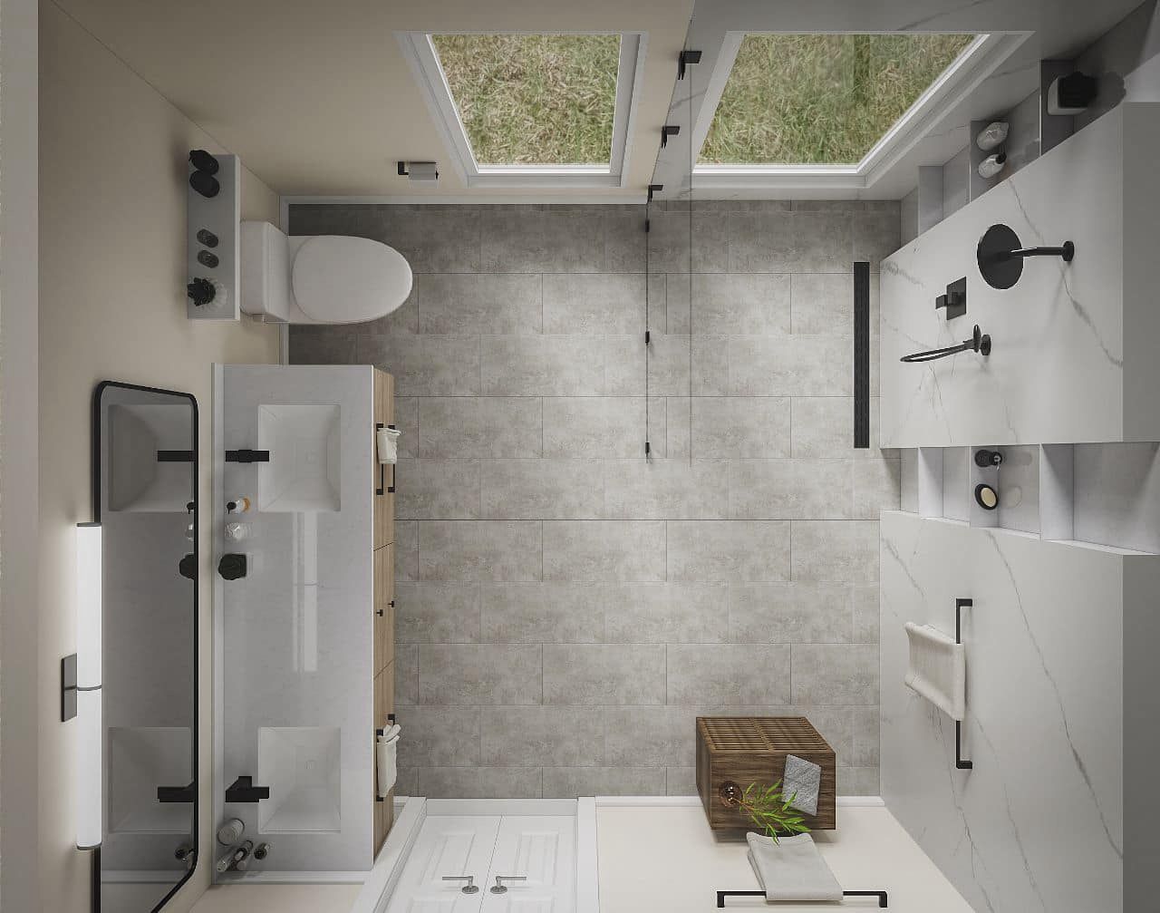 Top-down view of a modern bathroom with toilet, shower, and vanity. Gray tile walls and light fixtures are present.