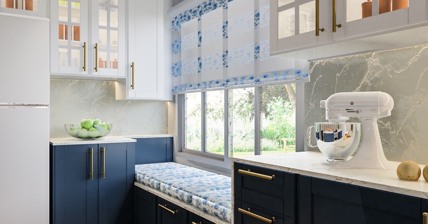 Kitchen with navy blue cabinets, white upper cabinets, marble backsplash, and a window seat with floral cushion.