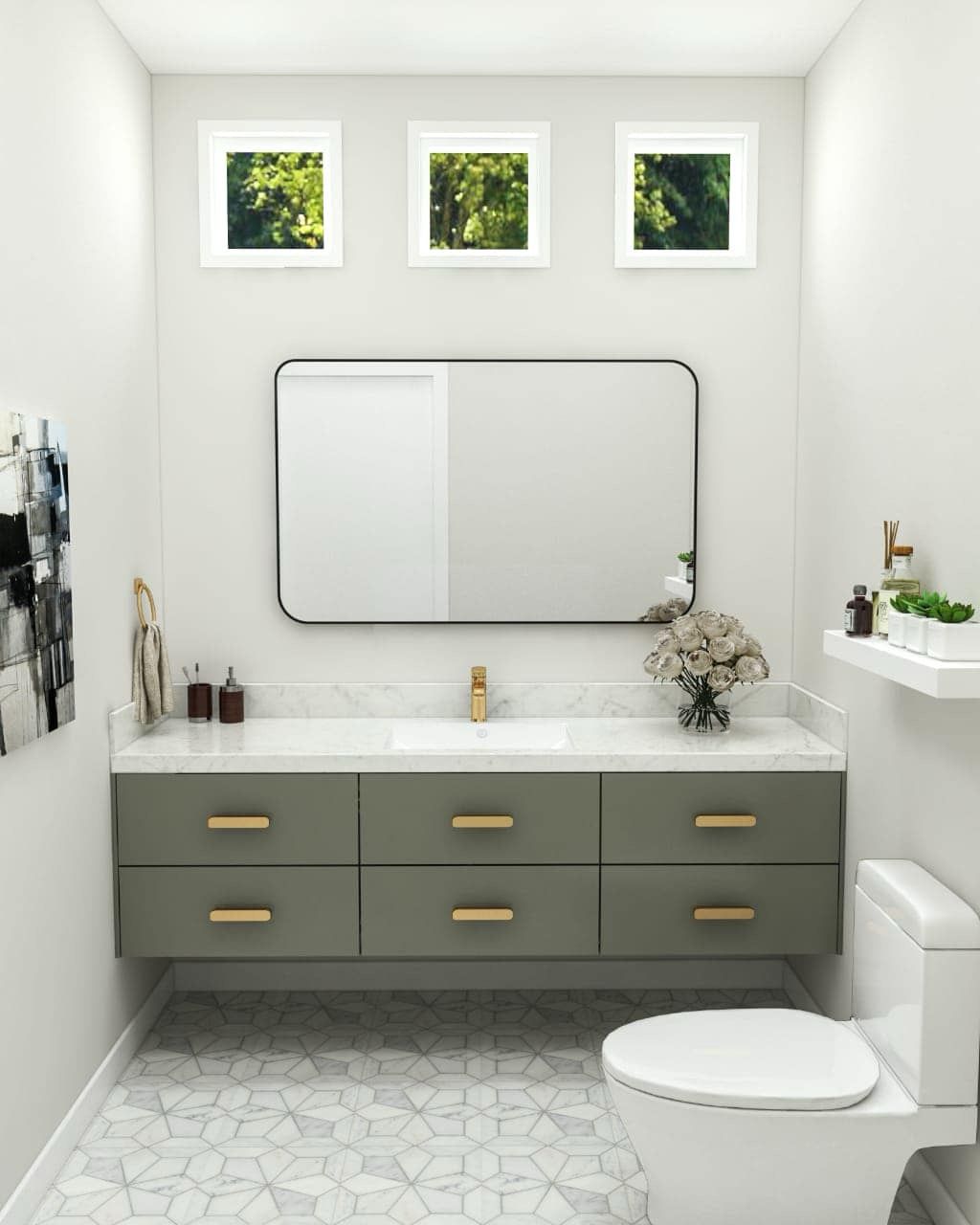 Modern powder room with floating sage vanity, gold hardware, and marble countertop, with three high windows.
