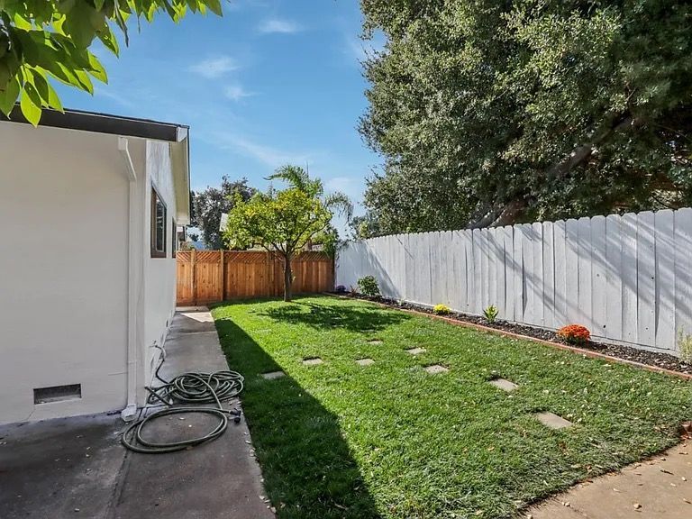 Backyard with green grass, wooden fence, and white wall. Blue sky with tree.