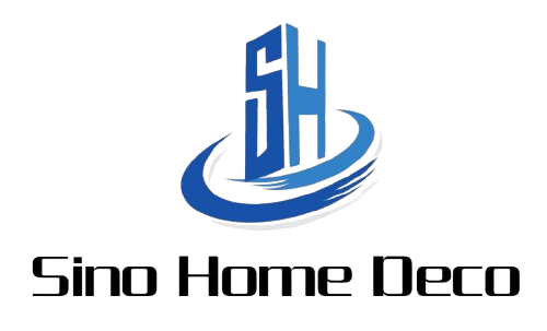 Logo: blue "SH" tower above a blue swoosh, with "Sino Home Deco" text below.