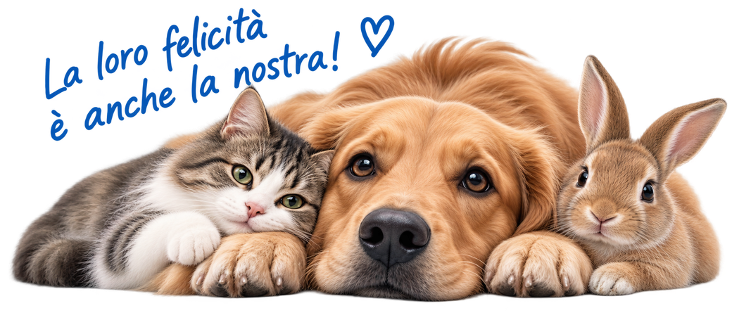 Gatto, cane e coniglio accoccolati insieme con la scritta “La loro felicità è anche la nostra! ♥”