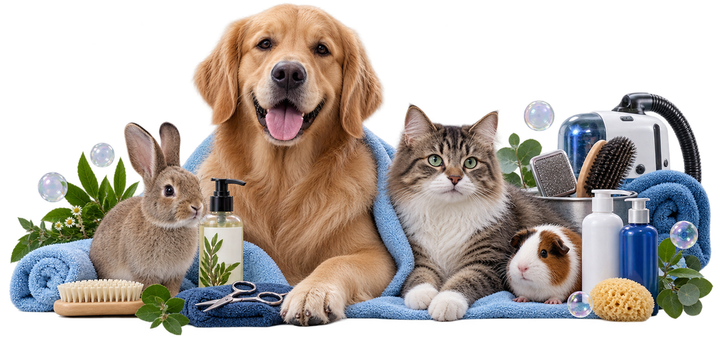 Un golden retriever e un gatto tigrato sono circondati da accessori per la toelettatura degli animali, con un piccolo coniglio e una cavia nelle vicinanze.