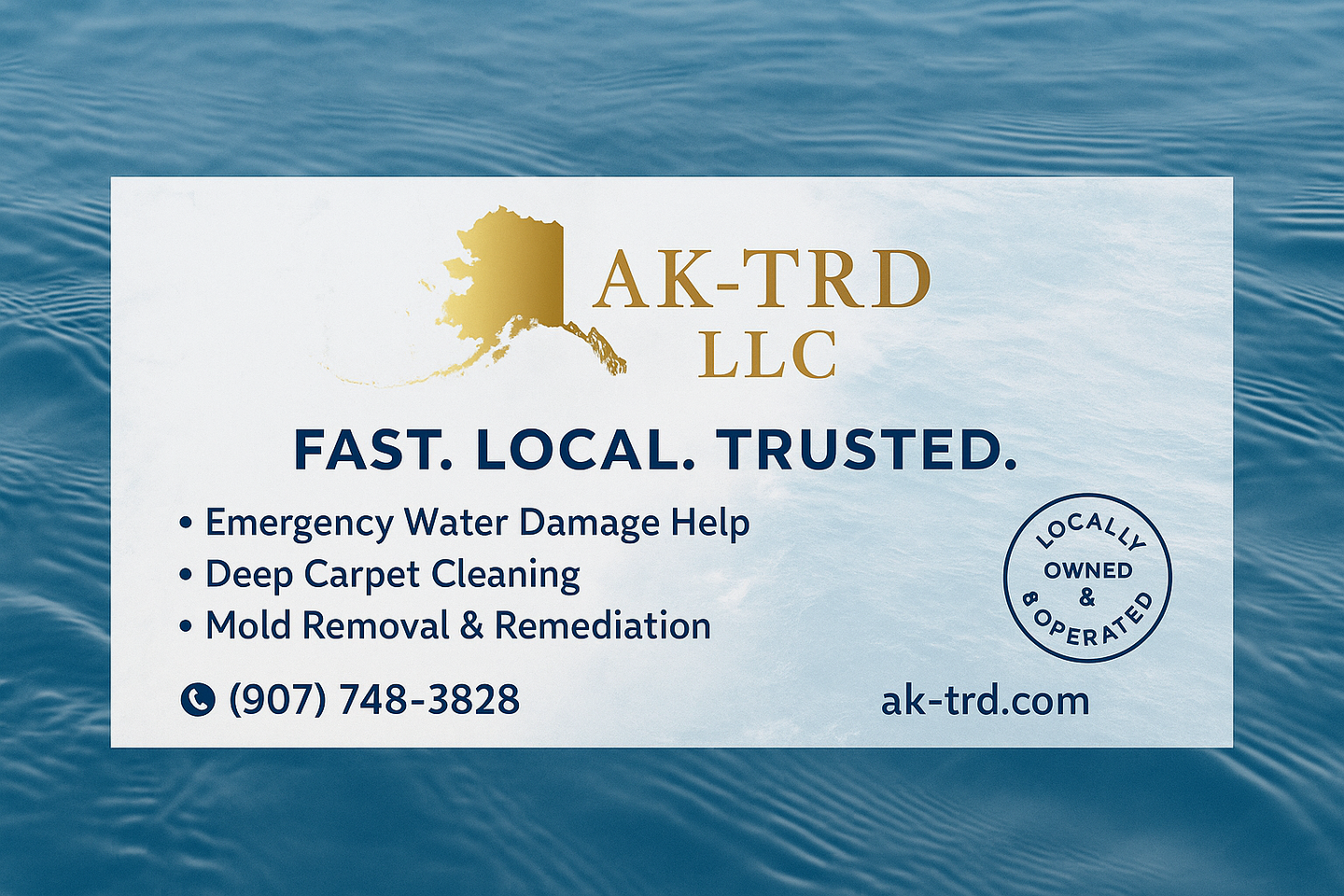 Business card for AK-TRD LLC, gold logo of Alaska, services listed. Phone and website. 